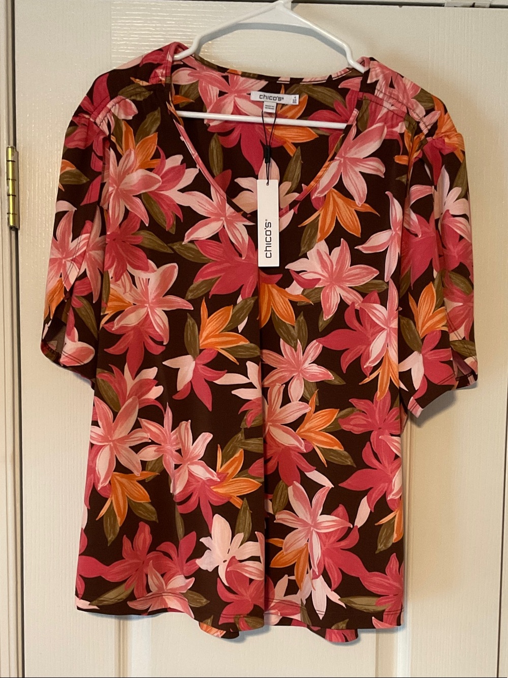 Chico's Brown Floral V-Neck Blouse with Pink & Coral Blooms